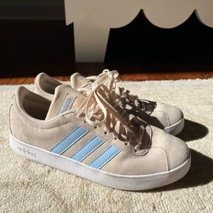 Adidas Cream Suede Sneakers with Blue Stripes